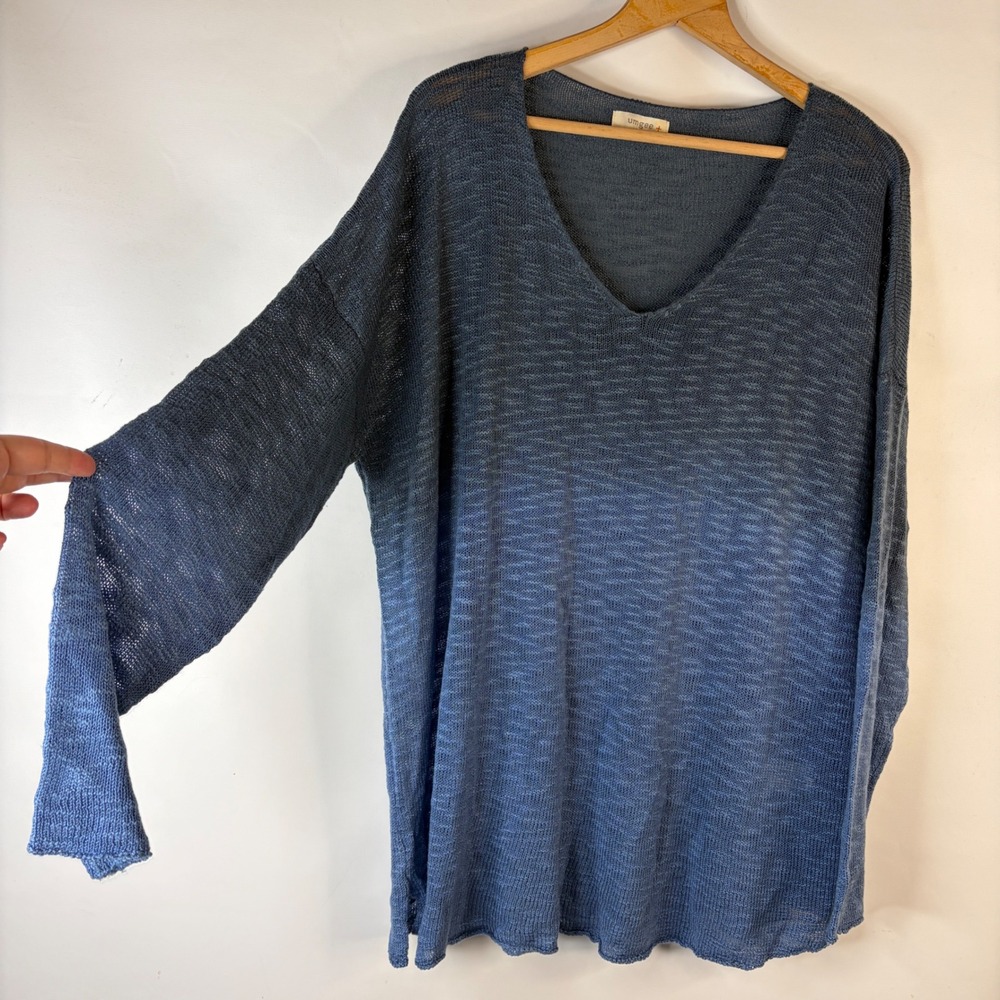 Umgee Sweater Women 2XL Blue V-Neck Oversized Semi Sheer Knit High-Low